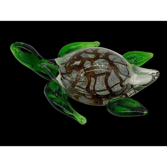 Italian Art Glass Sea Turtle Green Marbled Paperweight Gold Brown Marine - Picture 2 of 16